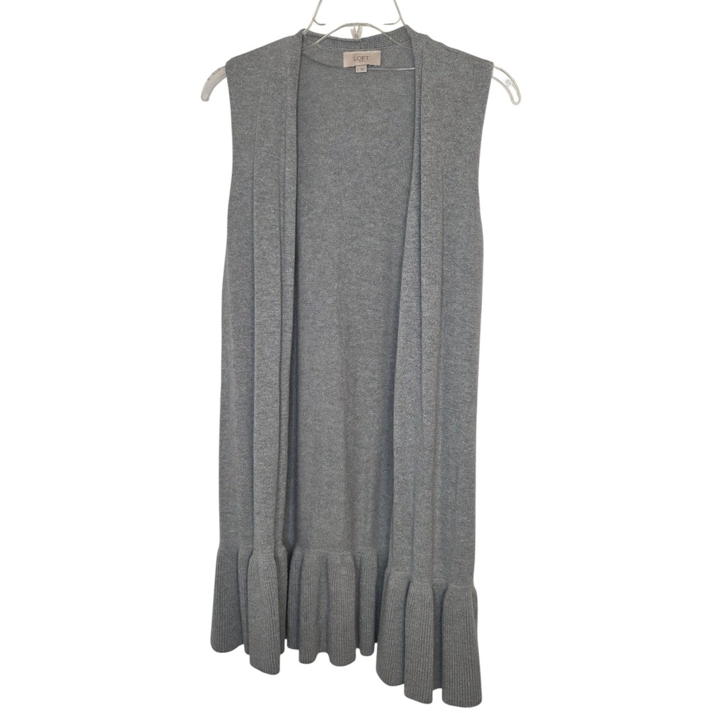 LOFT Gray Open Front Longline Knit Vest Ruffle Hem Sleeveless Cardigan Large